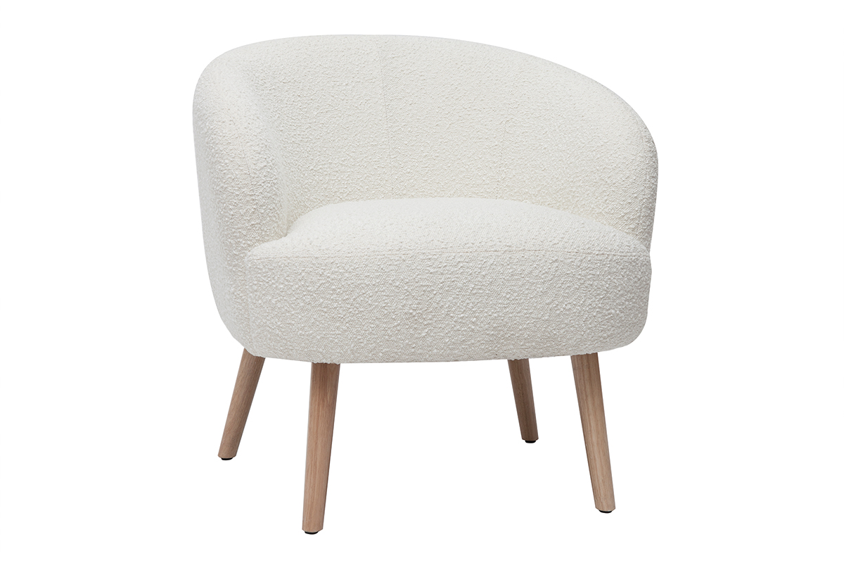Fauteuil scandinave en tissu effet laine bouclée blanc cassé et bois clair MAGGIE
