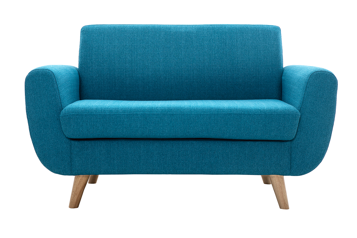 Canapé scandinave 2 places en tissu bleu canard et bois clair PURE