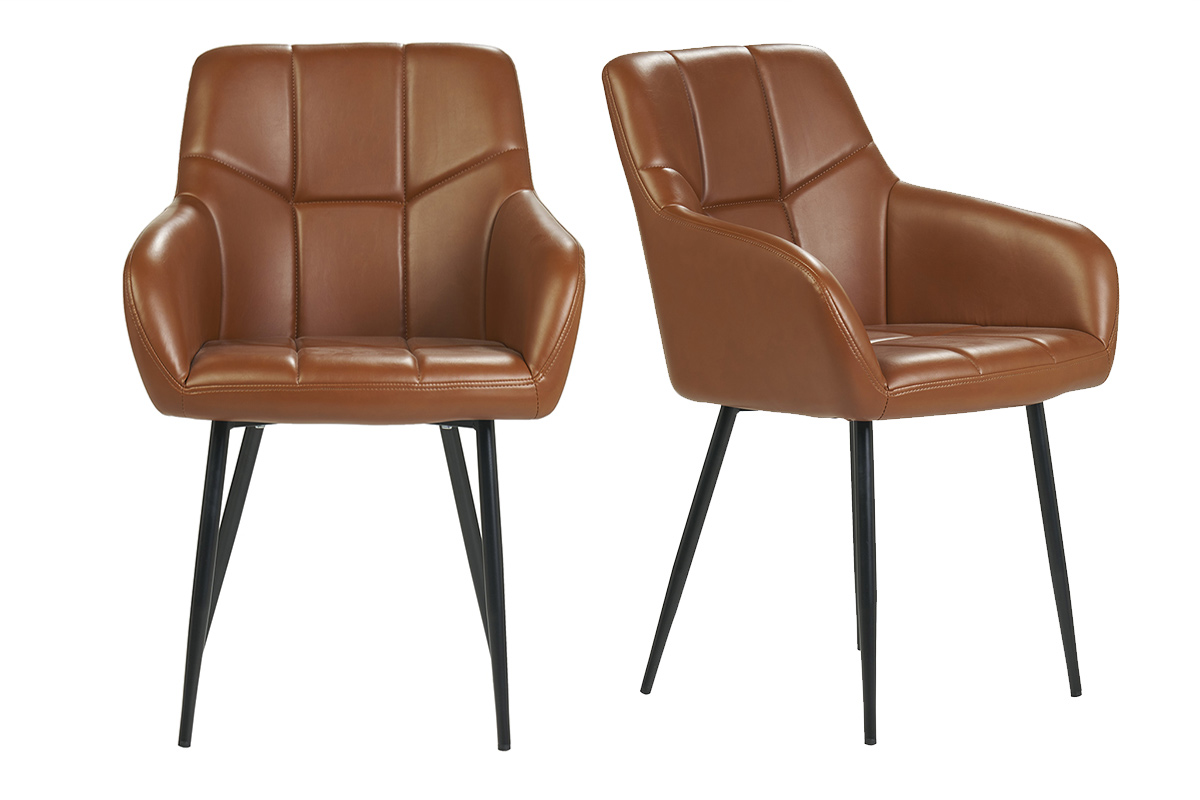 Sedie design trapuntate in poliuretano marrone e metallo nero (set di 2) MONTERO