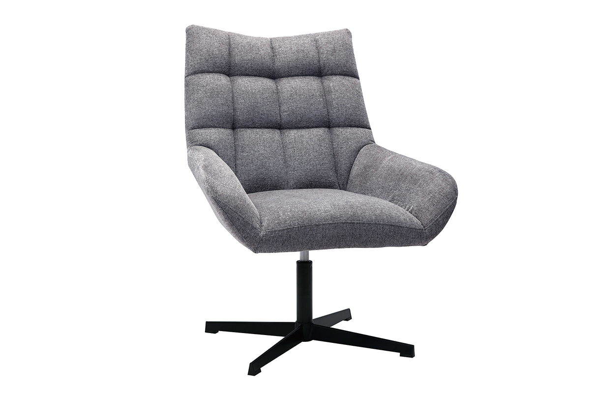 Fauteuil pivotant design en tissu effet velours texuré gris et métal noir KING