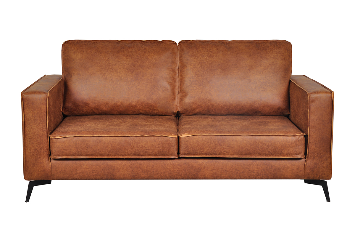 Canapé vintage 2-3 places cuir marron cognac aspect vieilli et métal noir SONNY