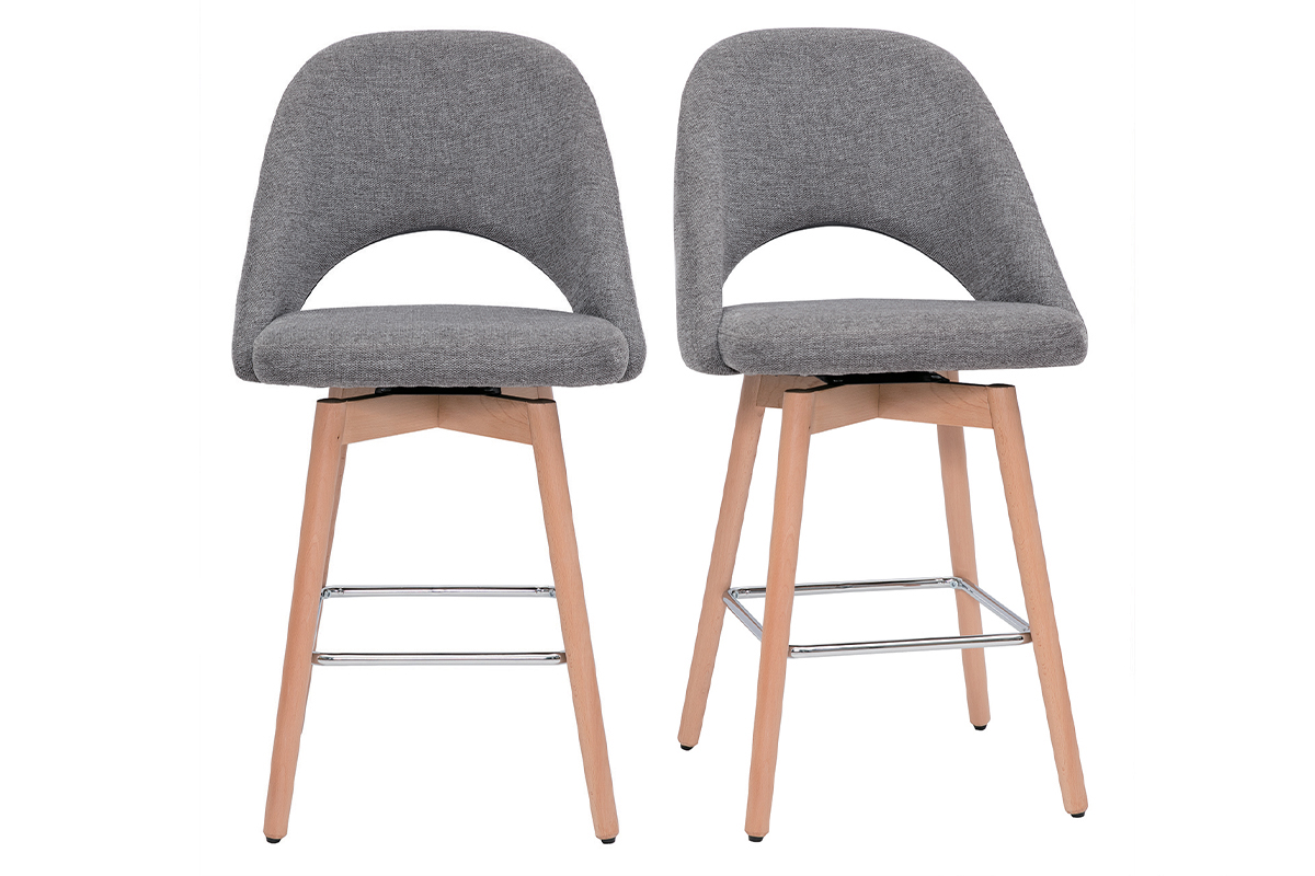 Tabourets de bar scandinaves tissu effet velours texturé gris et hévéa massif 65 cm (lot de 2) COSETTE