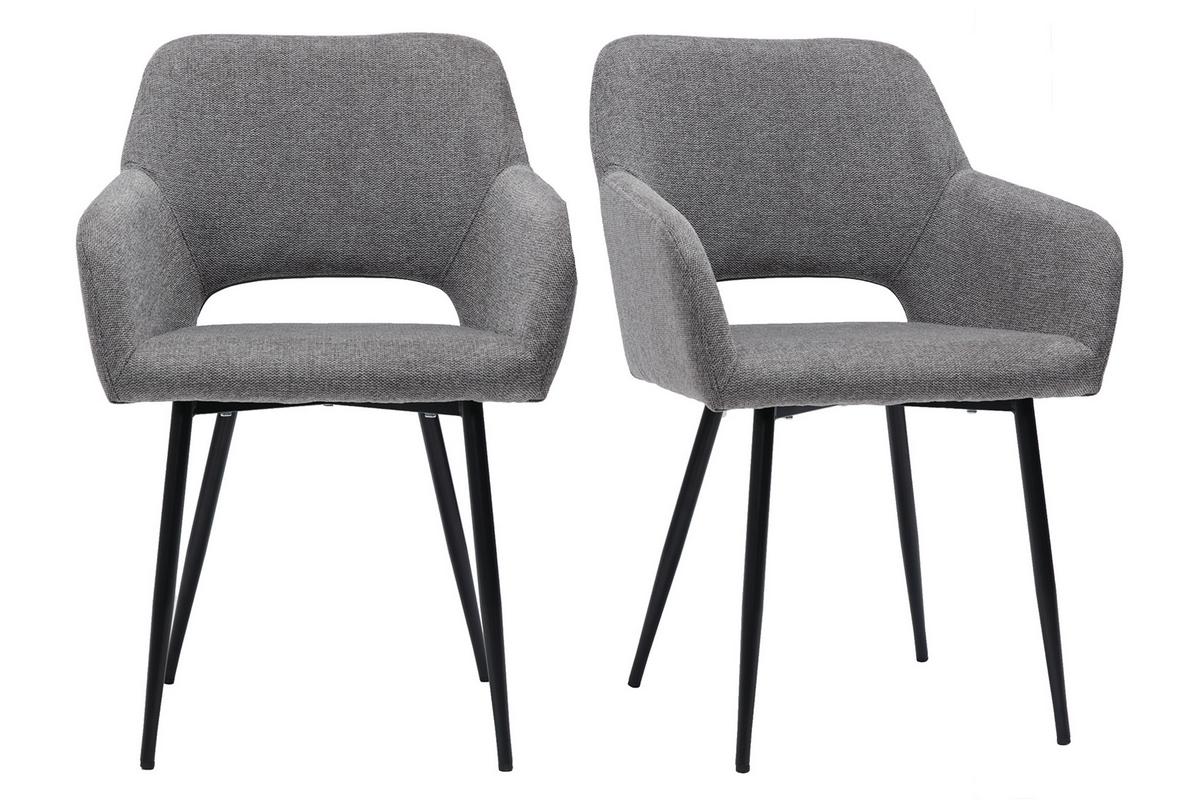Chaises en tissu effet velours texturé gris et métal noir (lot de 2) LAURETTE