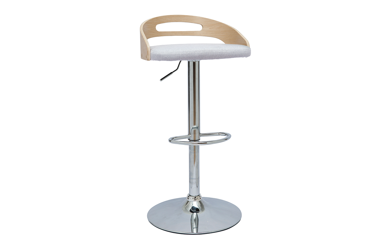 Tabouret de bar réglable design bois clair et tissu gris clair MANO