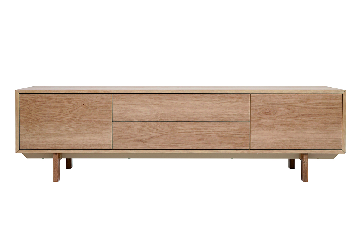 Meuble TV scandinave bois clair chêne 2 portes 2 tiroirs L180cm SID