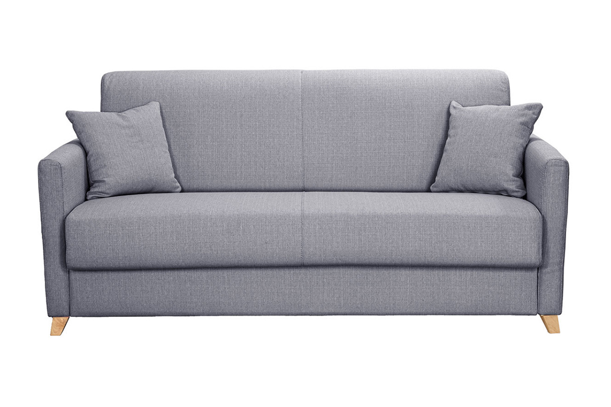 Canapé convertible 3 places en tissu gris clair et bois clair avec matelas 18 cm SKANDY