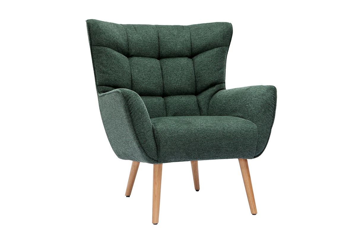 Fauteuil scandinave tissu effet velours texturé vert foncé et bois clair AVERY