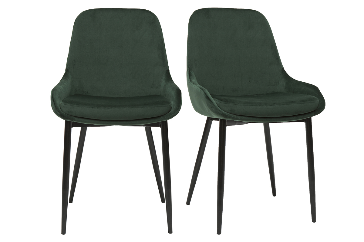 Chaises design en tissu velours vert foncé et métal noir (lot de 2) HOLO