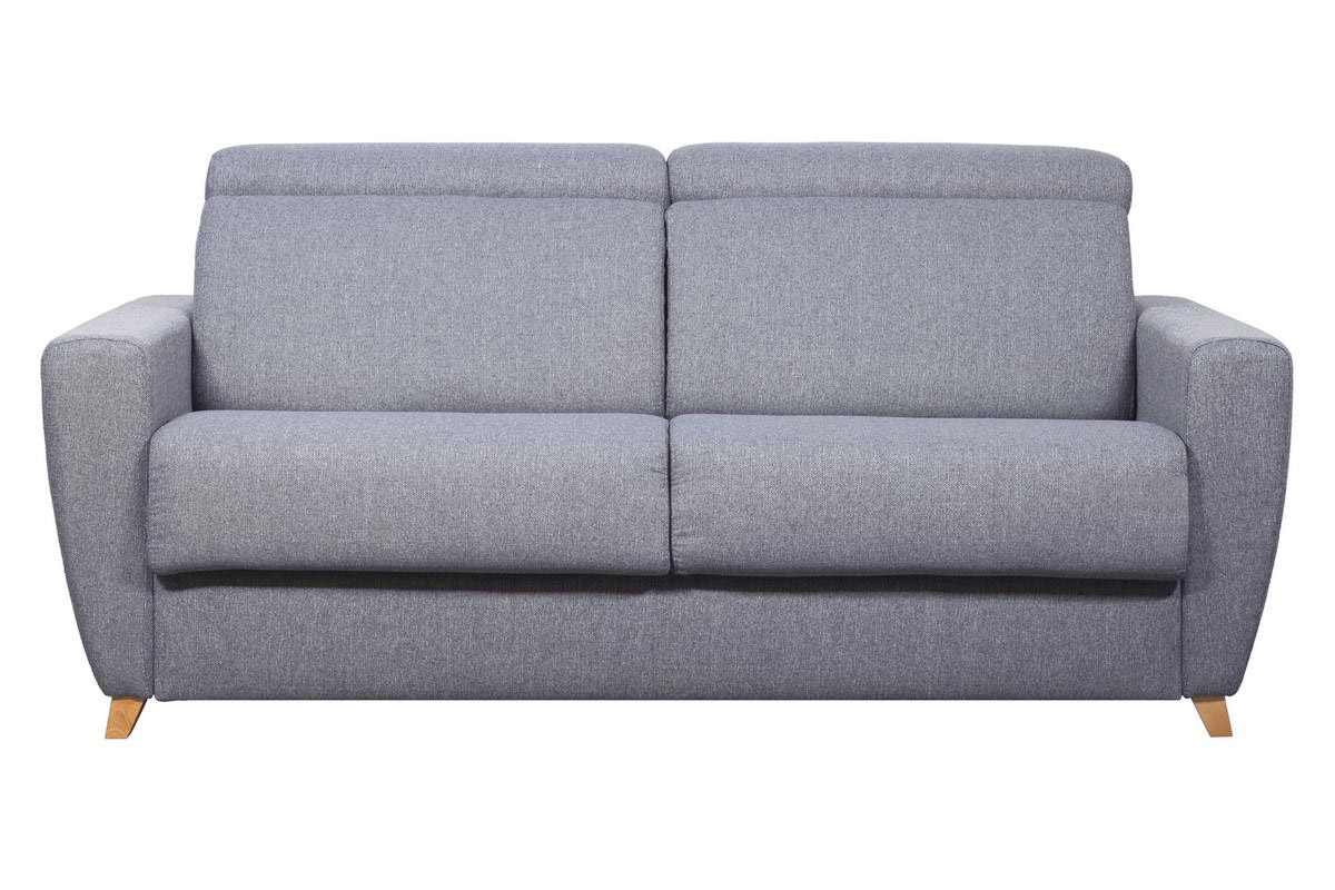 Canapé convertible avec têtières ajustables 3 places en tissu gris et bois clair et matelas 18 cm GOYA