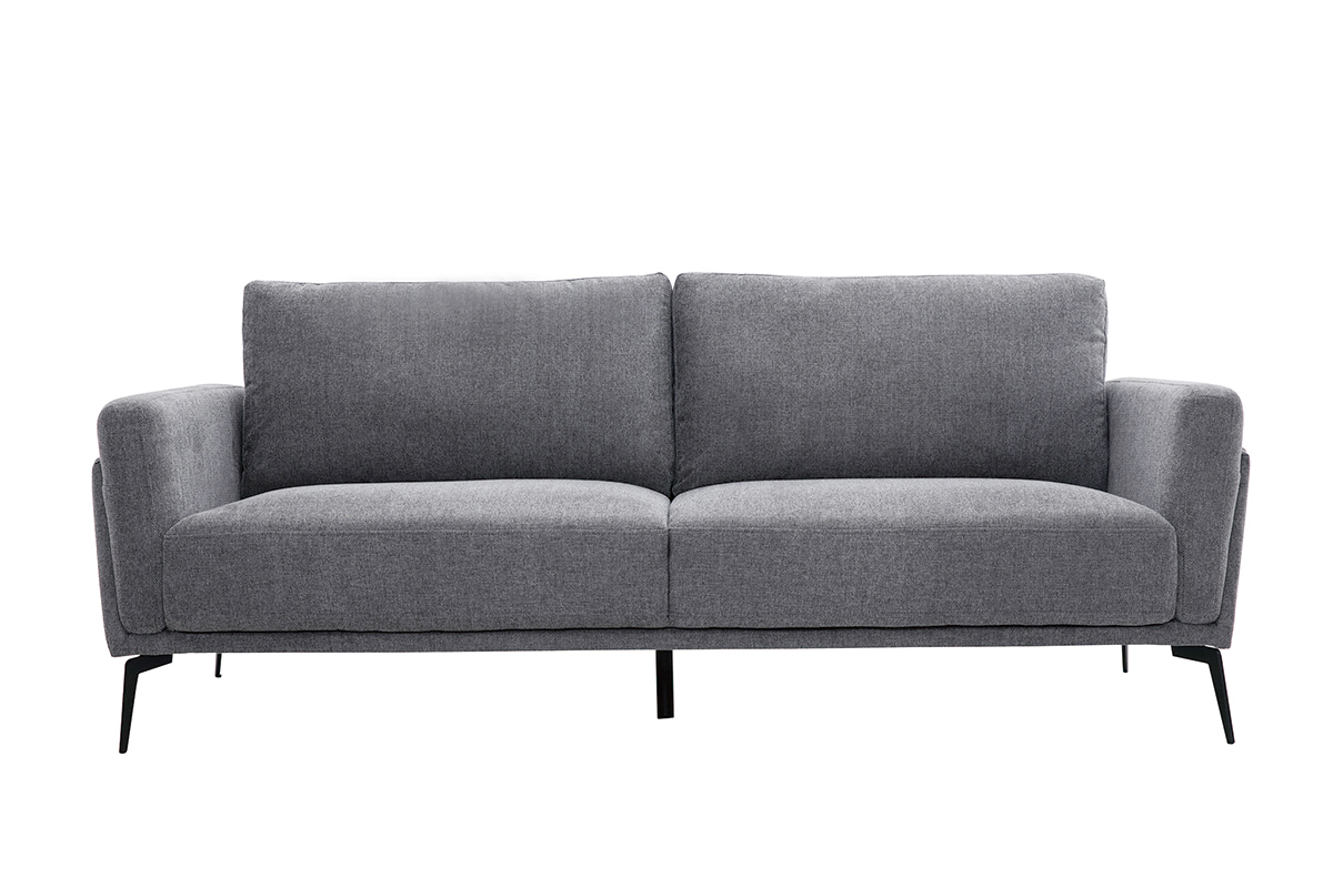 Canapé design 3 places en tissu effet velours texturé gris et métal noir MOSCO