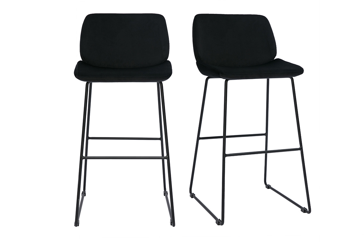 Tabourets de bar fixes en tissu velours noir pieds métal noir H65 (lot de 2) KAOLY