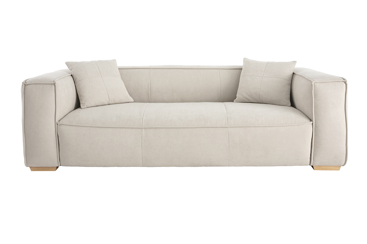 Canapé design 3 places en tissu effet velours beige naturel et bois clair COBAIN