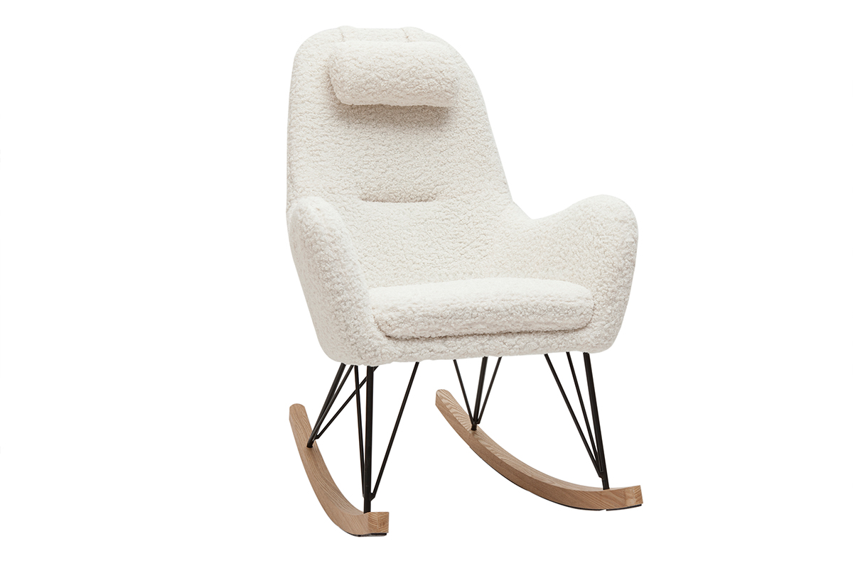 Rocking chair scandinave en tissu effet peau de mouton blanc, métal noir et bois clair MANIA