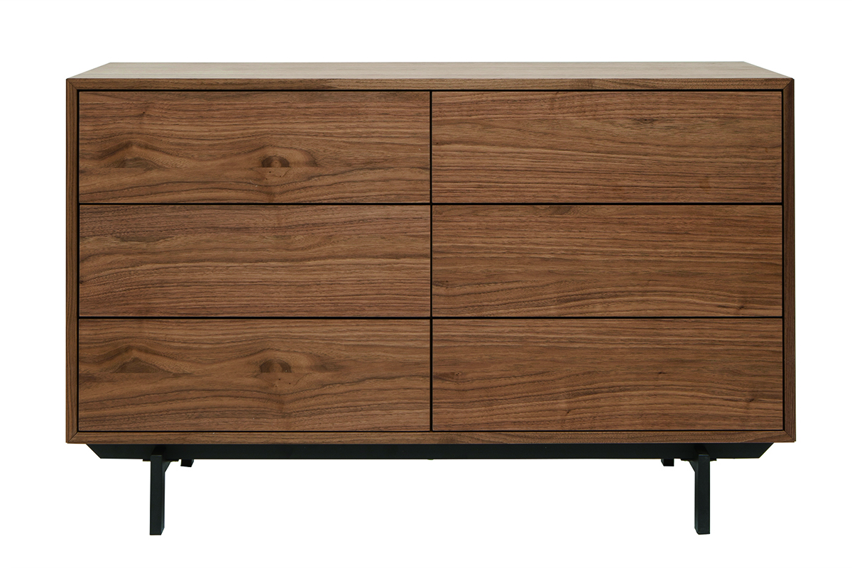 Commode vintage bois foncé noyer et métal noir 6 tiroirs L120 cm MANNY