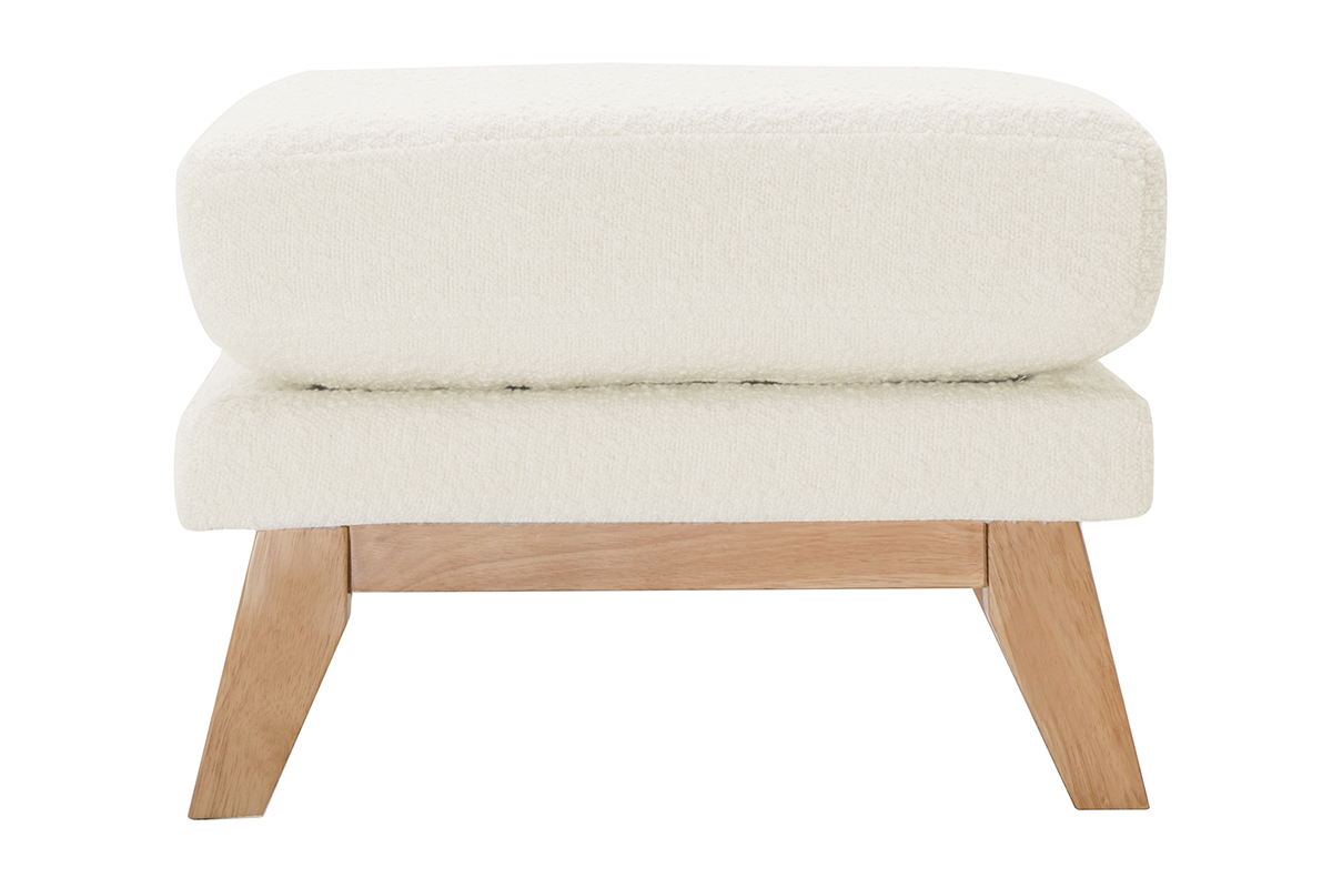 Pouf repose-pieds déhoussable scandinave en tissu effet laine bouclée blanc cassé et bois clair OSLO