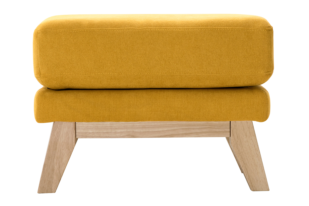 Pouf repose-pieds déhoussable scandinave en tissu effet velours jaune moutarde et bois clair OSLO