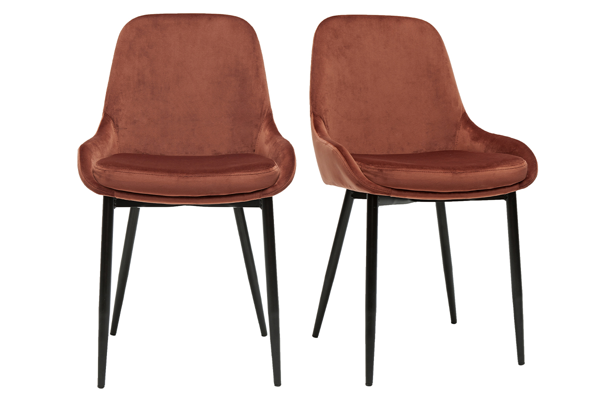 Chaises design en tissu velours rouge tomette et métal noir (lot de 2) HOLO