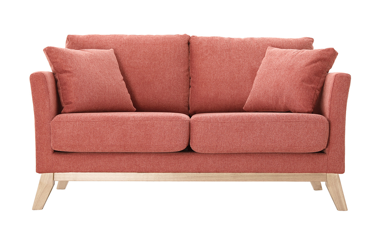 Canapé scandinave déhoussable 2 places en tissu effet velours texturé terracotta et bois clair OSLO