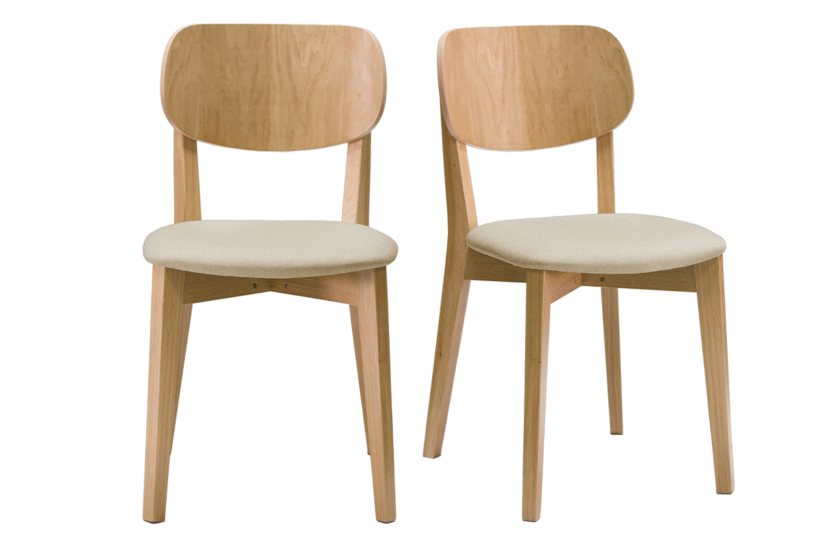 Chaises vintage en bois clair chêne et tissu beige (lot de 2) LUCIA