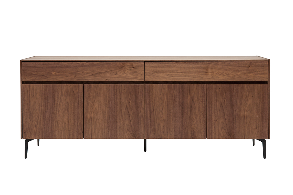 Buffet design en bois foncé noyer et métal noir 4 portes 2 tiroirs L180 cm BLISS