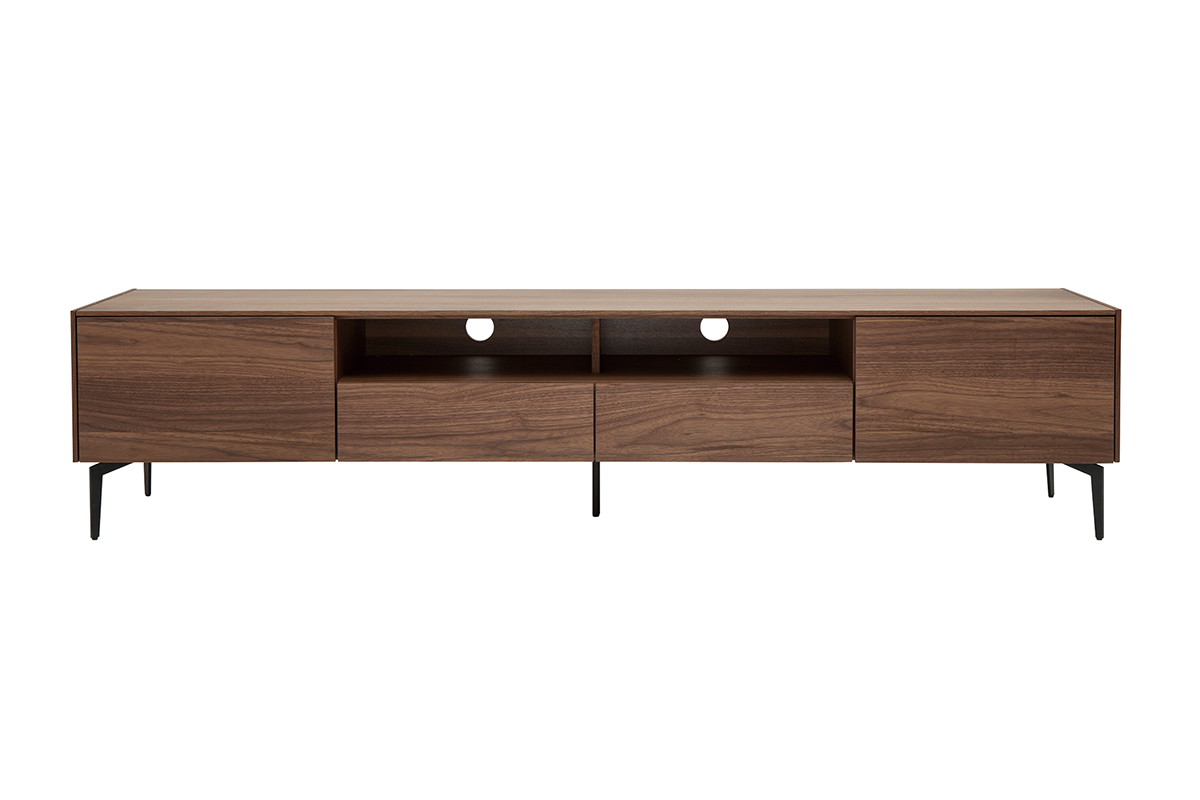 Meuble TV design bois foncé noyer et métal noir 2 portes 2 tiroirs L200 cm BLISS