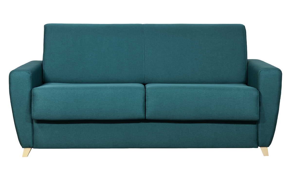 Canapé convertible 3 places en tissu bleu canard et bois clair avec matelas 18 cm GRAHAM