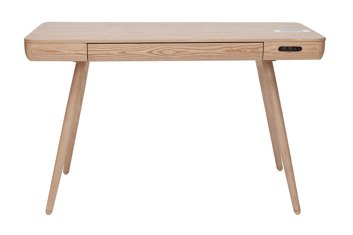 Bureau connecté multimédia  avec tiroir bois clair massif L120 cm CLEVER