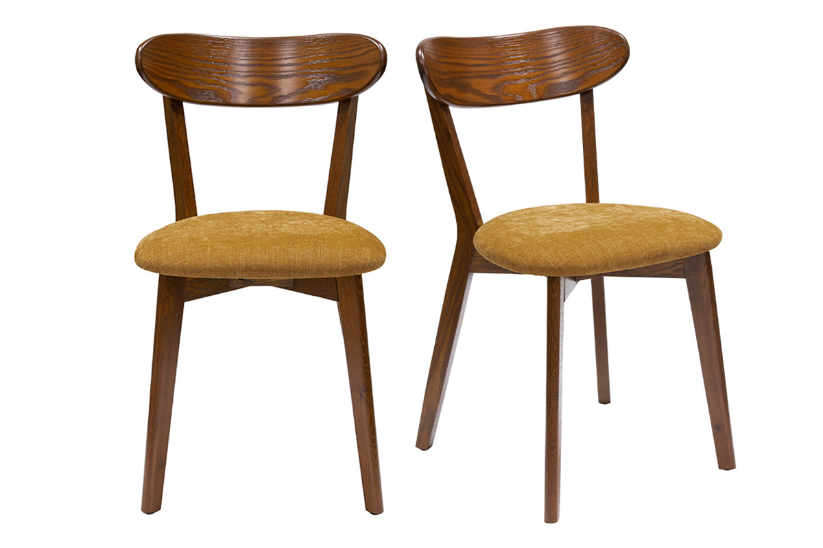 Chaises vintage bois foncé chêne et tissu effet velours jaune moutarde (lot de 2) DOVE