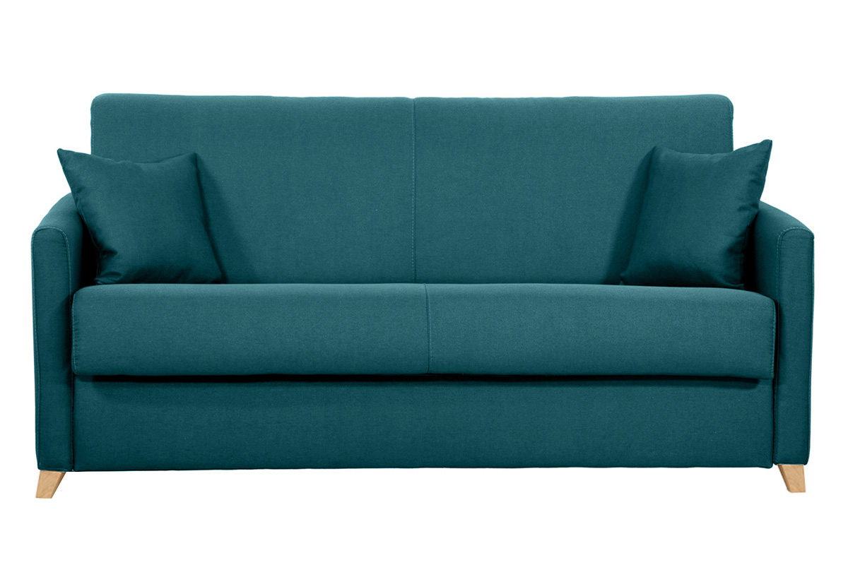 Canapé convertible 3 places en tissu bleu canard et bois clair avec matelas 13 cm SKANDY