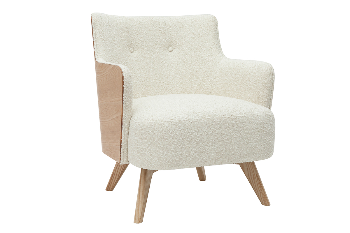 Fauteuil scandinave en tissu effet laine bouclée blanc cassé et bois clair VALMY