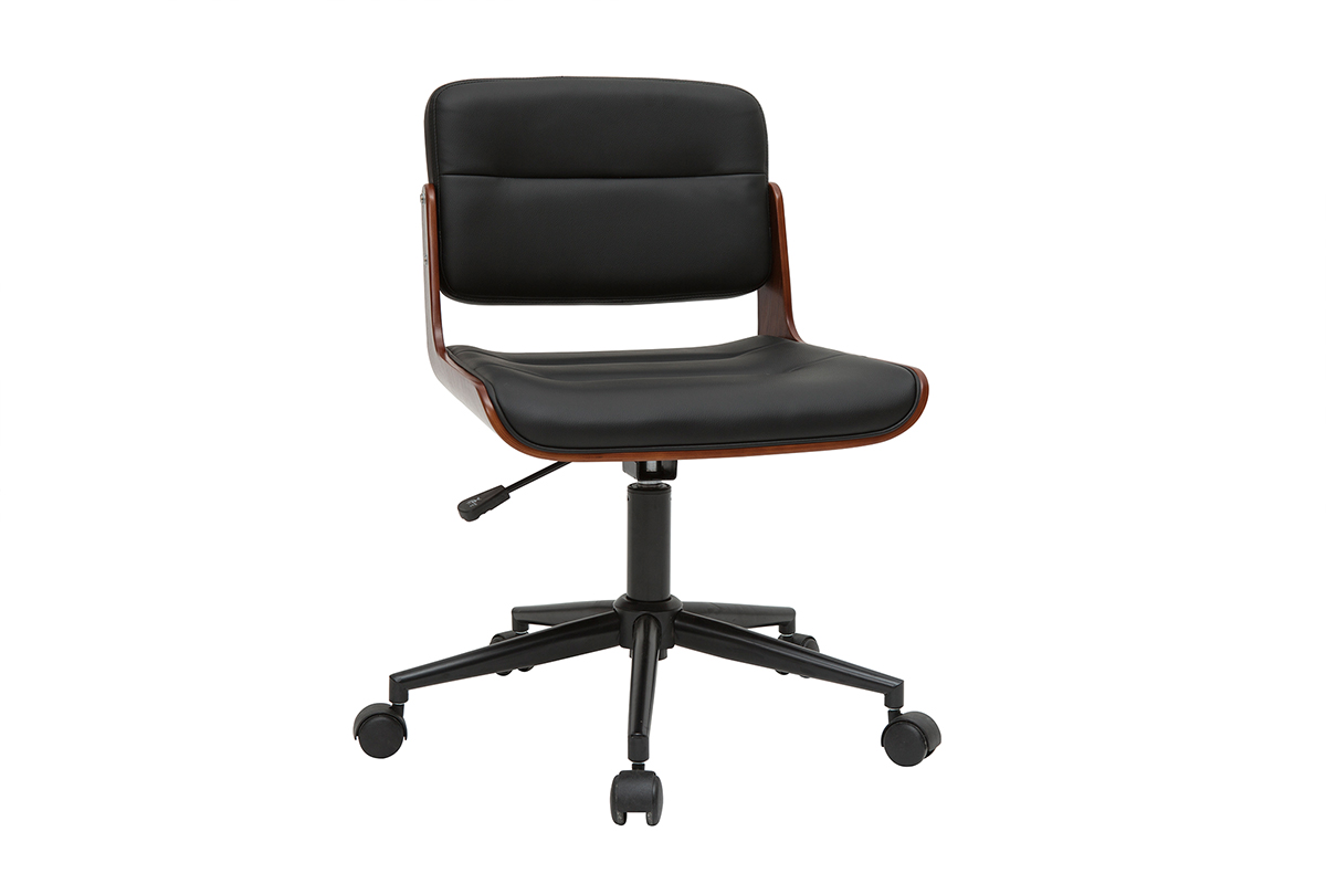 Chaise de bureau à roulettes design noir, bois foncé noyer et métal noir ARAMON