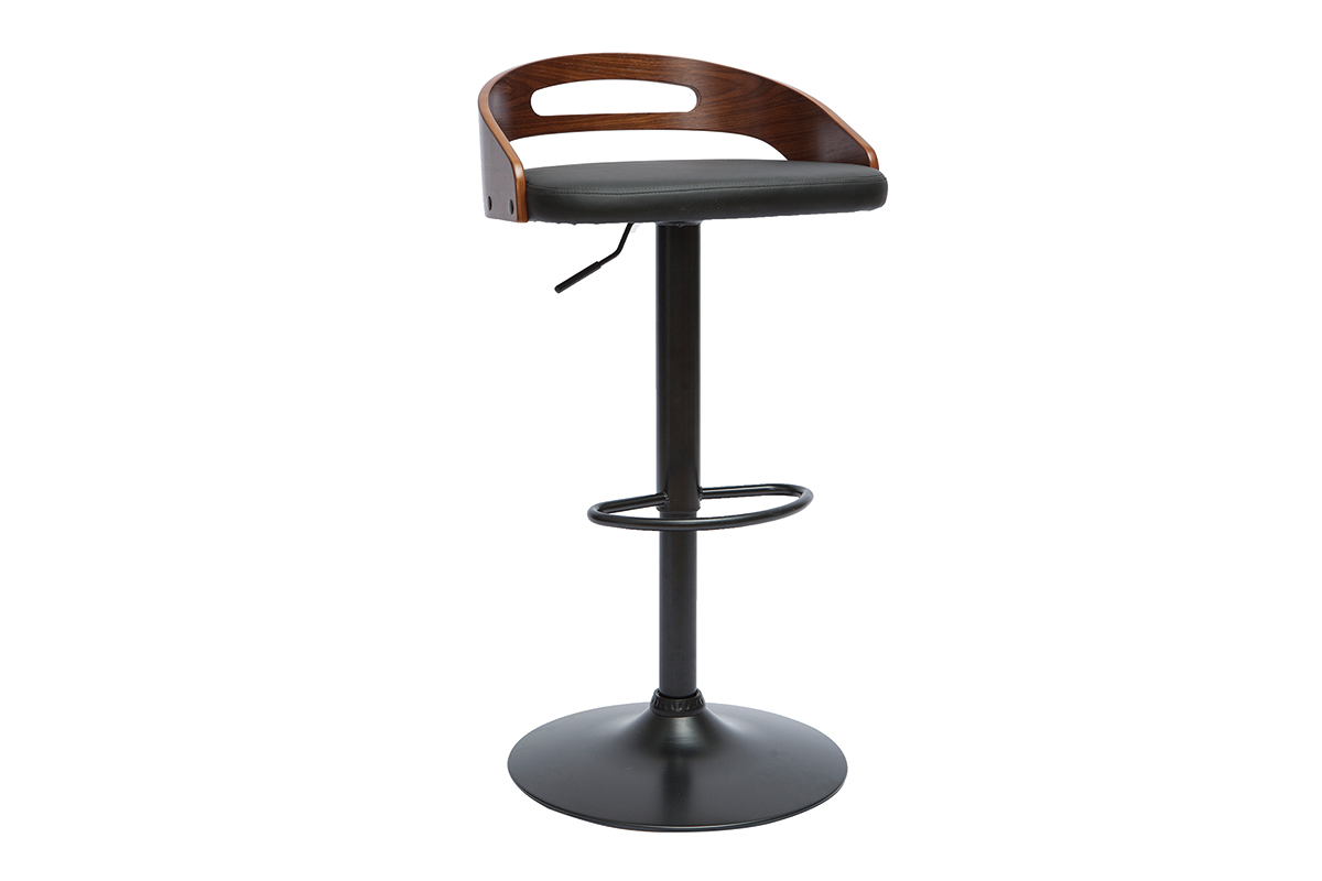 Tabouret de bar réglable design noir et bois noyer MANO