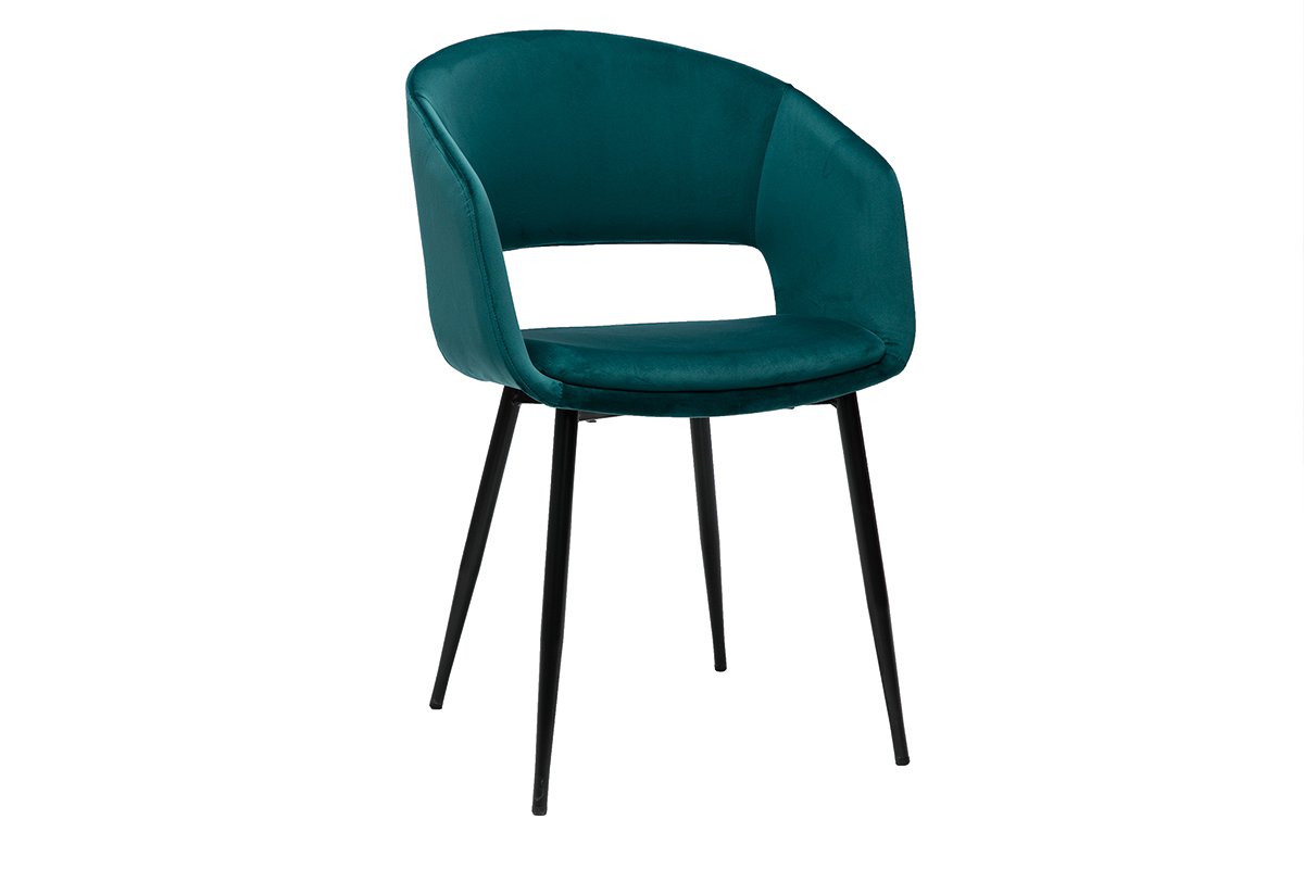 Chaise design en tissu velours bleu pétrole et métal noir PRISMA