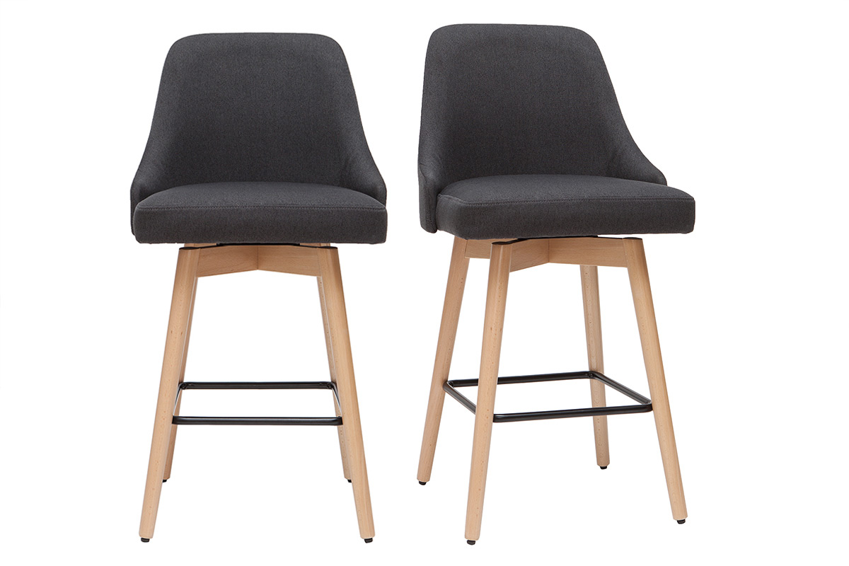 Tabourets de bar scandinaves pivotants 360° en tissu gris foncé et bois hêtre massif H65 cm (lot de 2) HASTA