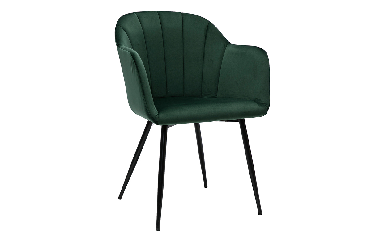 Chaise design en tissu velours vert foncé et métal noir MILLY