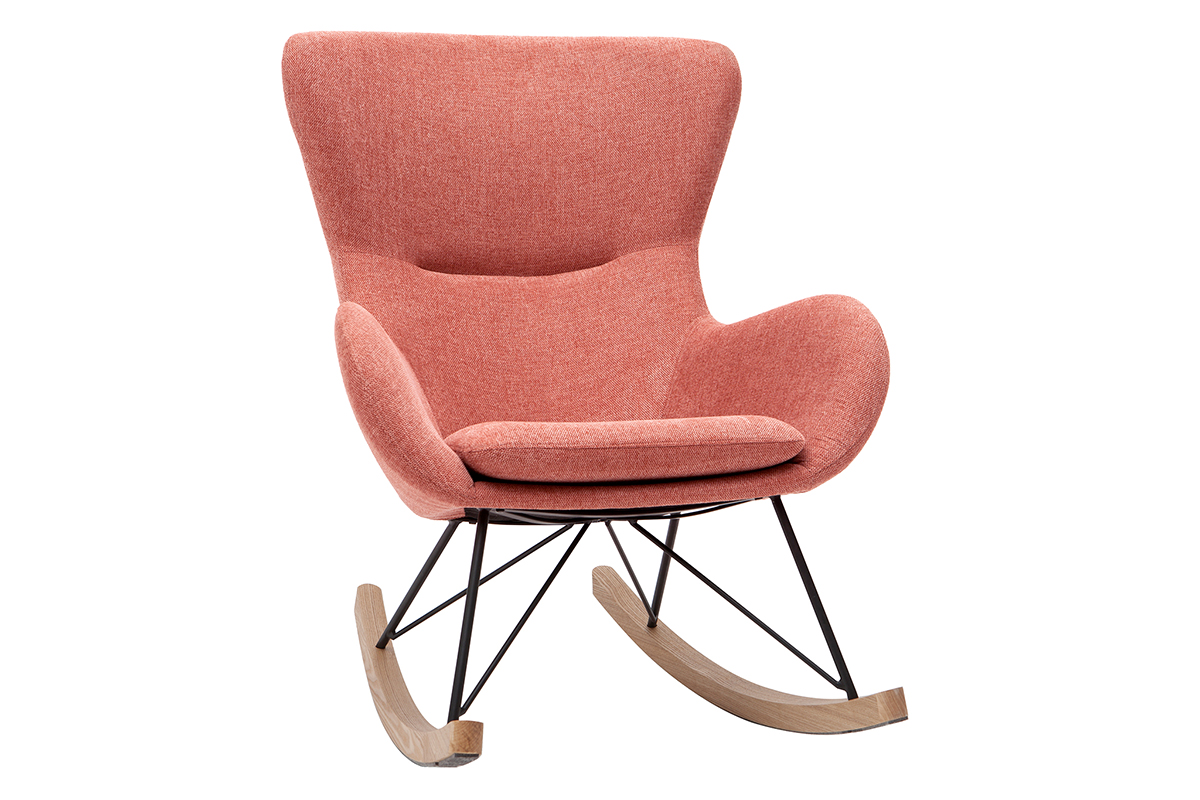 Rocking chair scandinave en tissu effet velours texturé terracotta, métal noir et bois clair ESKUA