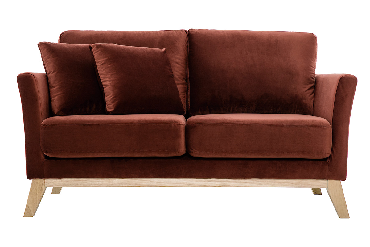 Canapé scandinave déhoussable 2 places en tissu velours rouge tomette et bois clair OSLO