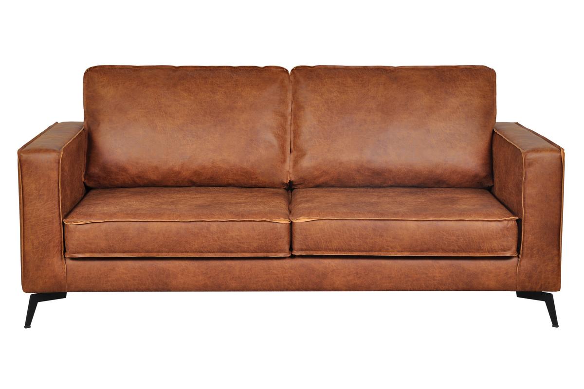 Canapé vintage 3 places cuir marron cognac aspect vieilli et métal noir SONNY