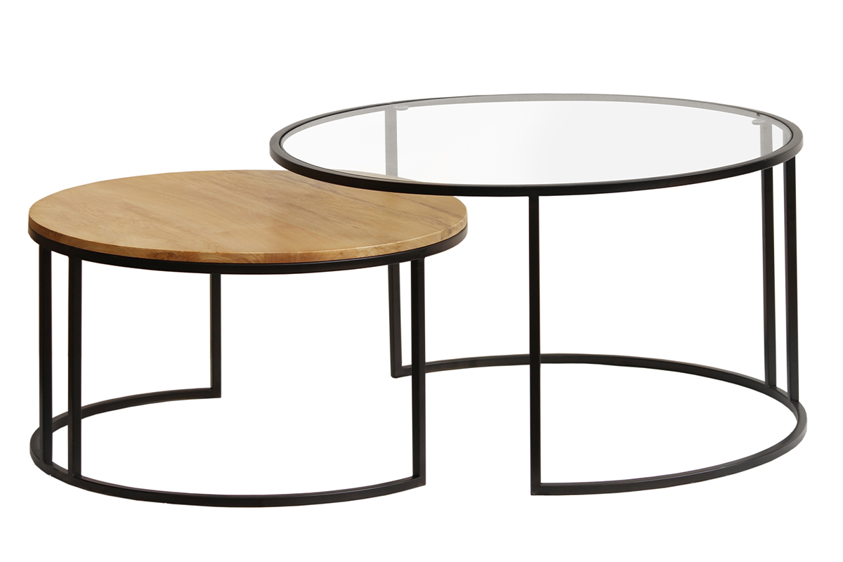 Tables basses gigognes rondes verre trempé, bois manguier massif et métal noir (lot de 2) TAHL