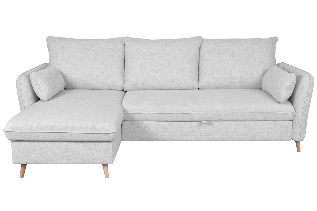 Canapé d'angle convertible réversible avec coffre 3-4 places en tissu gris clair et bois clair DRISS