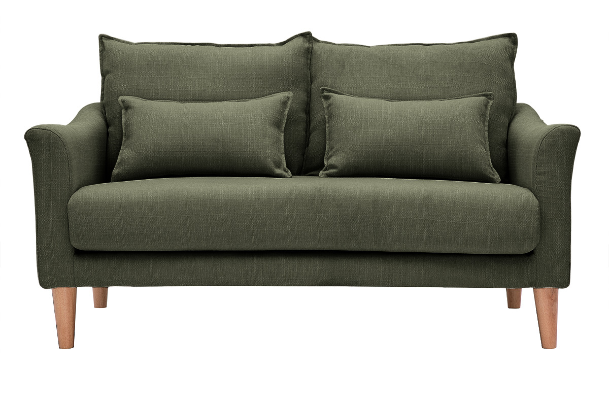 Canapé scandinave 2 places en tissu vert kaki et bois clair KATE