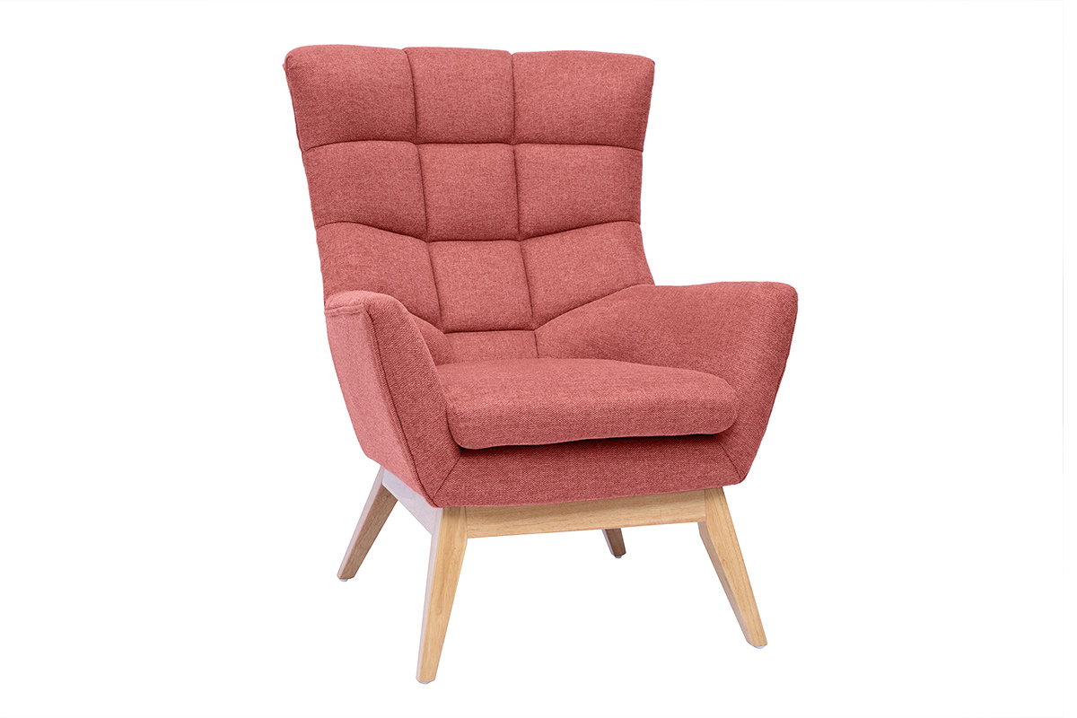 Fauteuil scandinave en tissu effet velours texturé terracotta et bois clair BRODY