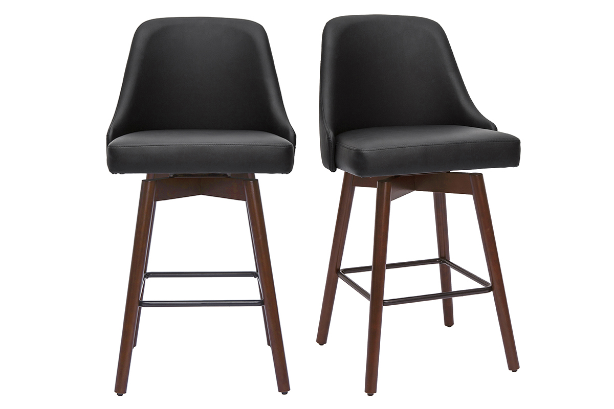 Tabourets de bar design pivotants 360° noir et noyer H65 (lot de 2) HASTA
