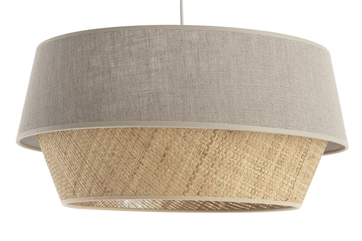 Suspension design bi-matière en lin grège et rabane naturelle D45 cm SENSA