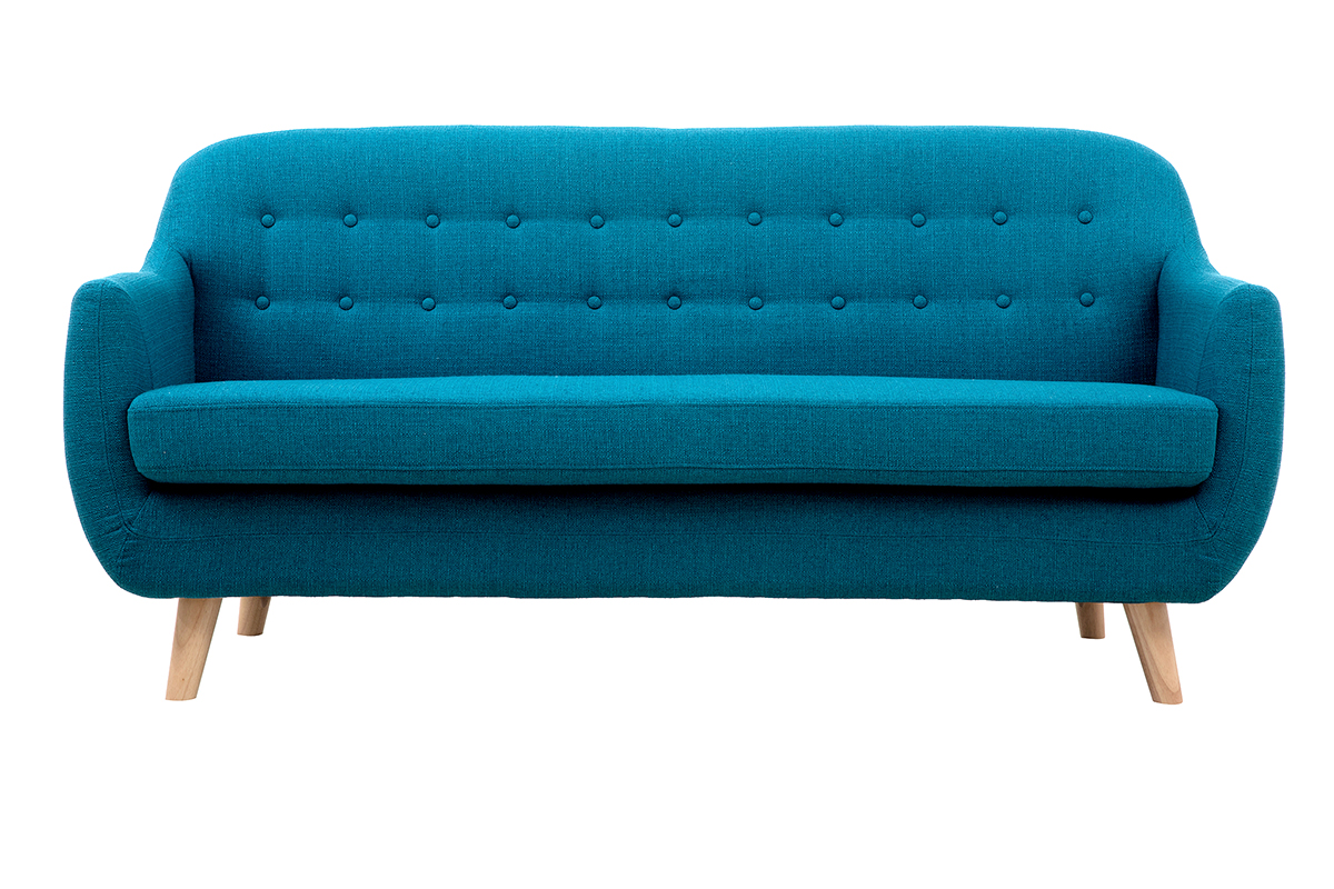Canapé scandinave déhoussable 3 places en tissu bleu canard et bois clair YNOK