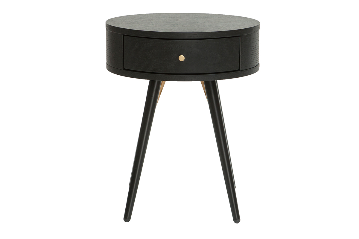 Table de chevet ronde avec tiroir bois et métal noir KORAL