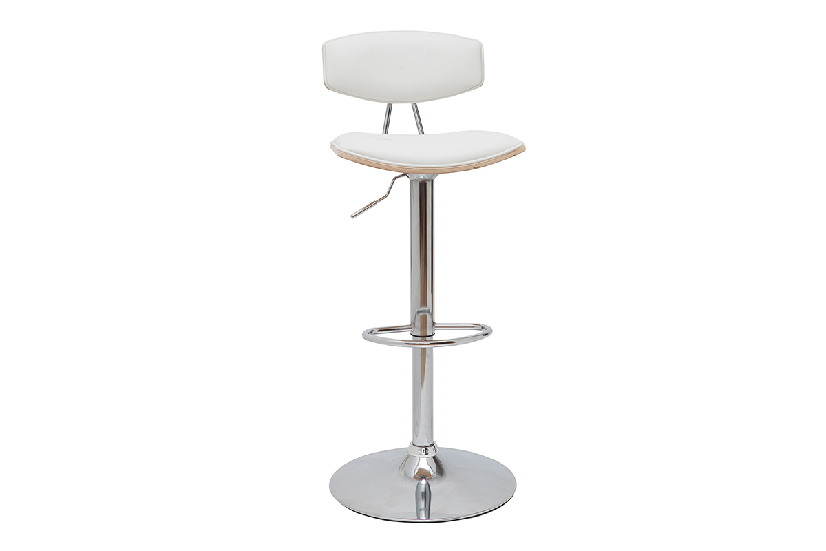 Tabouret de bar design réglable blanc et bois clair VASCO