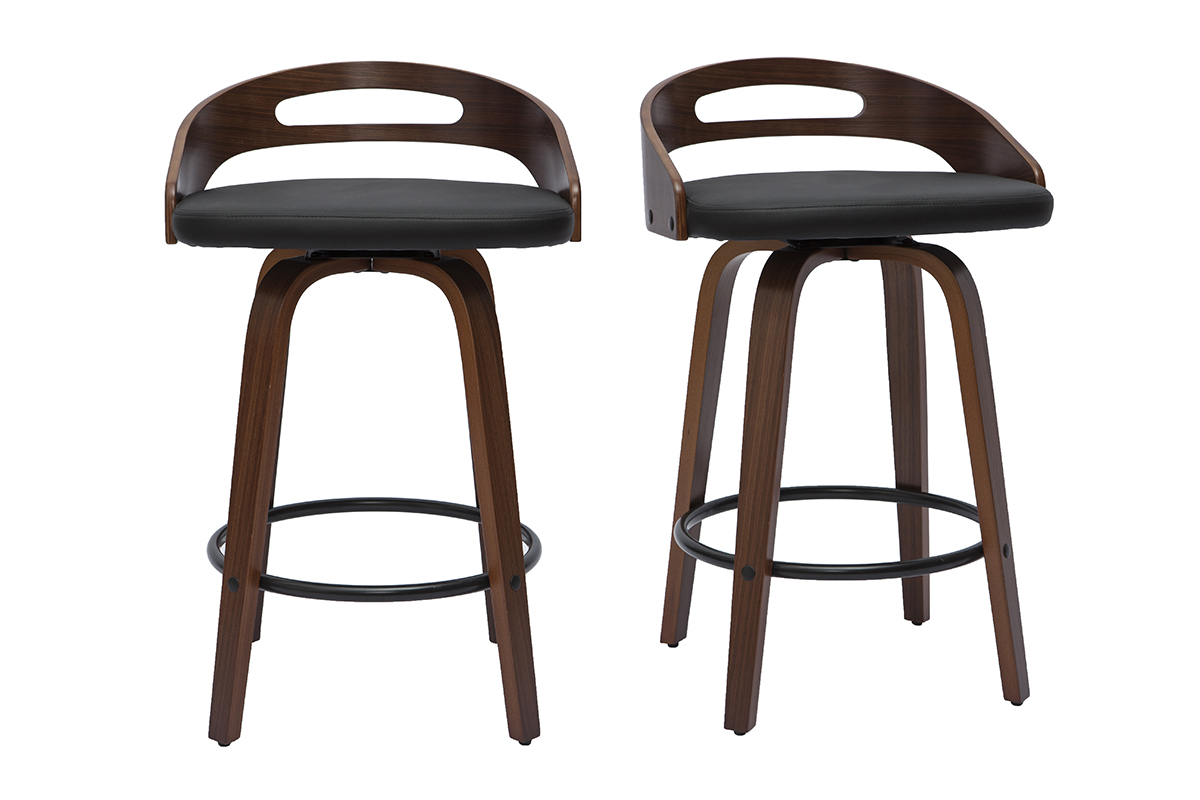 Tabourets de bar design noirs et bois foncé 65cm (lot de 2) MANO