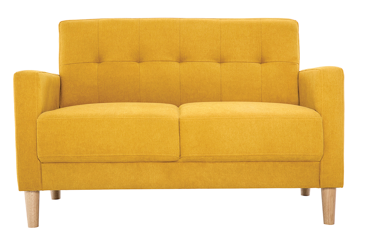 Canapé scandinave 2 places en tissu effet velours jaune moutarde et bois clair MOON