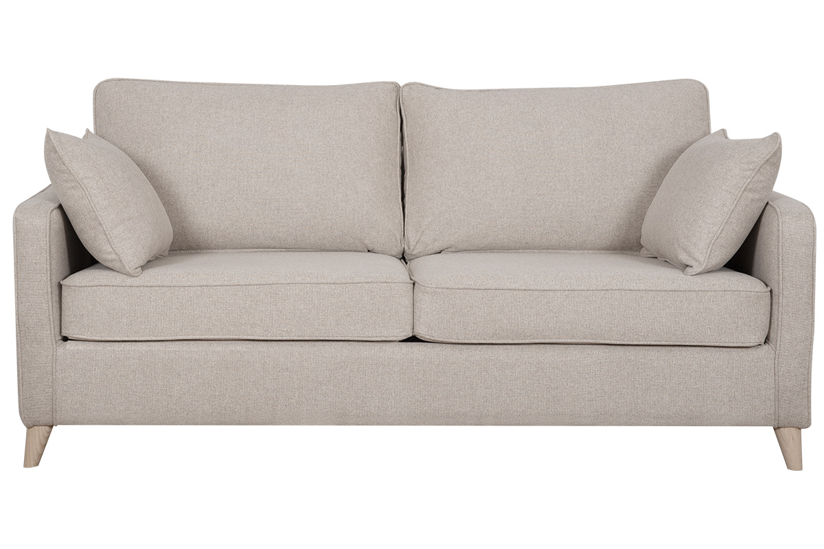 Canapé convertible scandinave 3 places en tissu beige et bois clair avec matelas 10 cm PAPEL